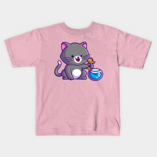 Cute Cat Catching Fish In Aquarium Cartoon Kids T-Shirt